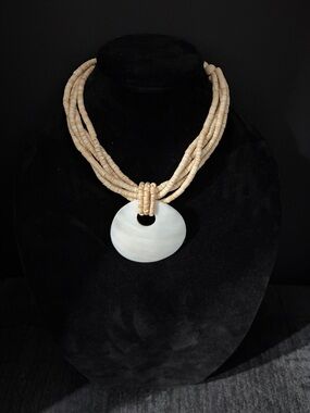 Beige Beaded Necklace with White Disc Pendant - Brand